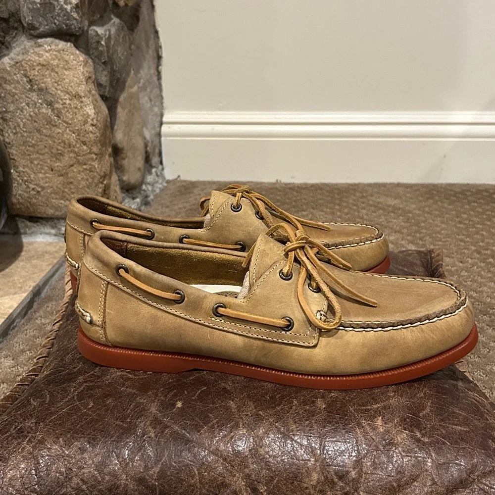 Just Like Sebago’s Froats Tan/Taupe Leather W/Burgundy Rubber Soles Boat Shoes